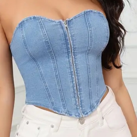 Size Xsmall Zip Up Denim Tube Top - Picture 3 of 10